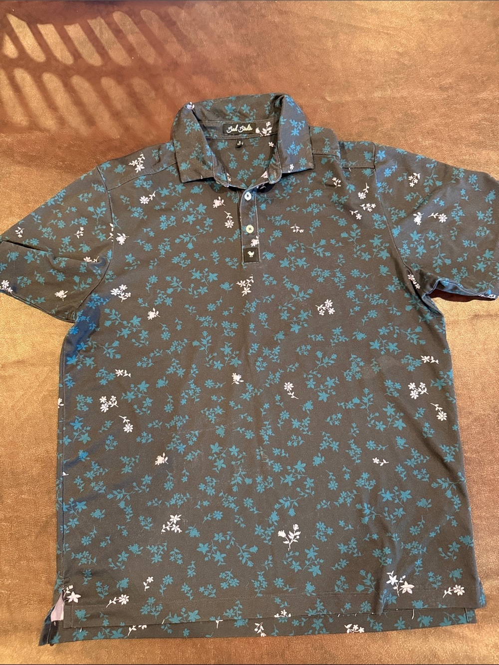 Bad Birdie Teal and Charcoal Floral Polo size men’s medium